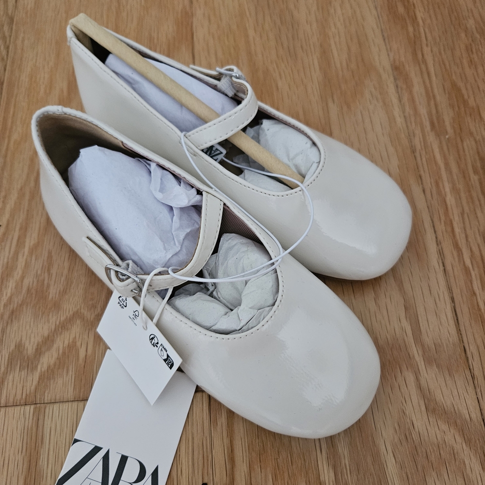 Zara Cream Patent Mary Jane Flats with Strap